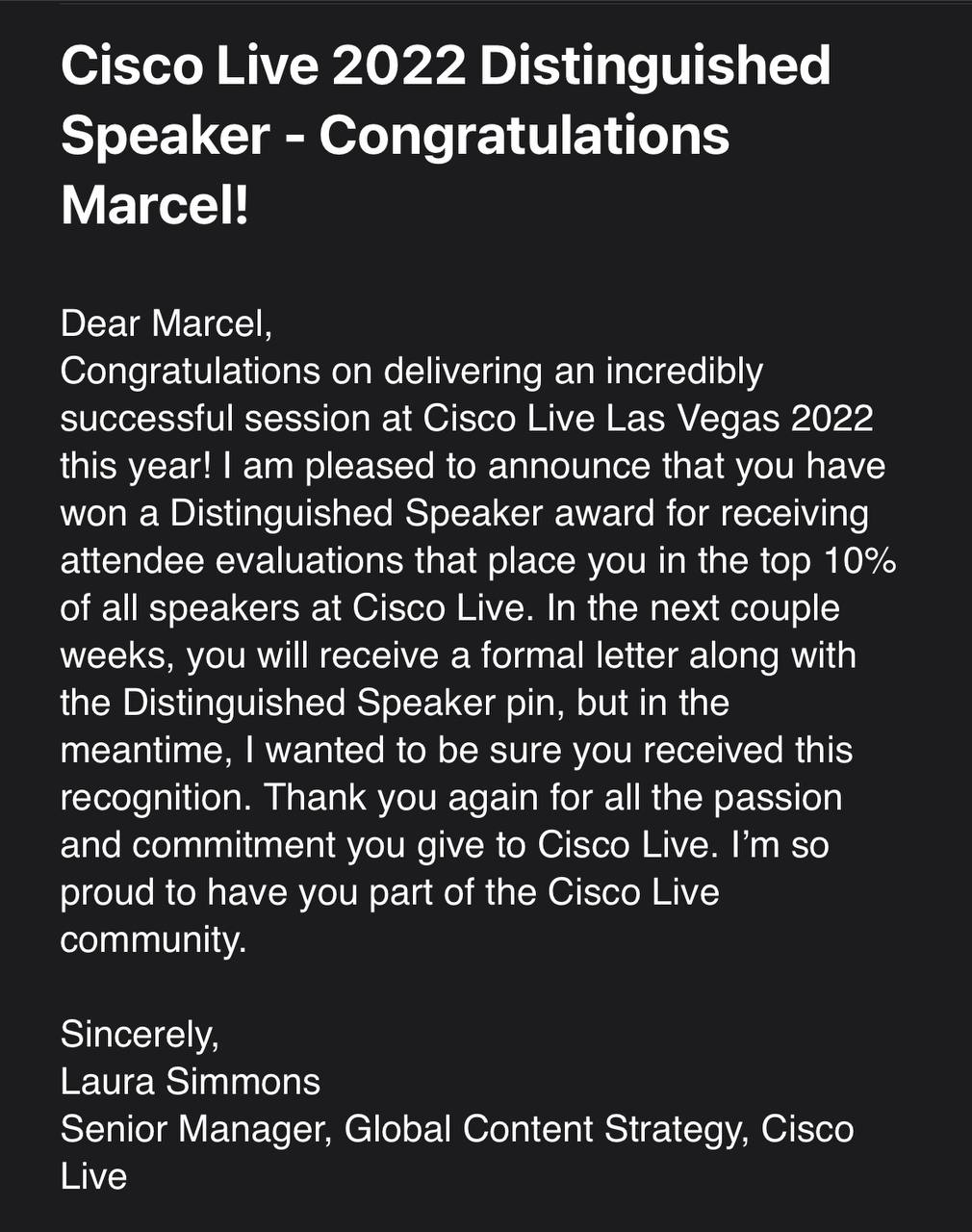 Cisco Live DS confirmation e-mail